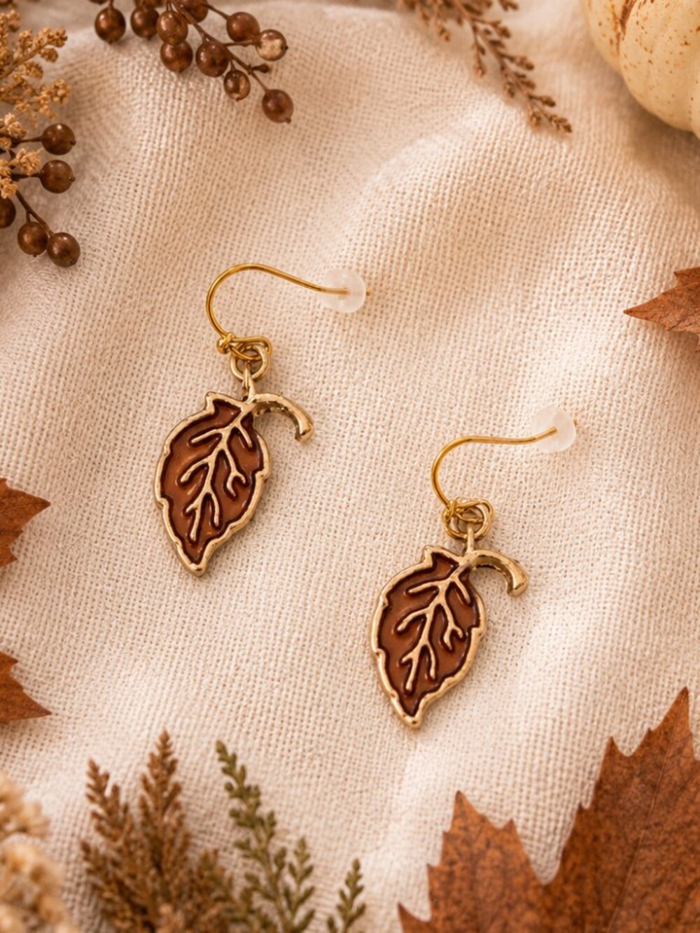 Brown Enamel Leaf Dangle Earrings Gold Autumn Thanksgiving Nature Jewelry - Picture 2 of 5